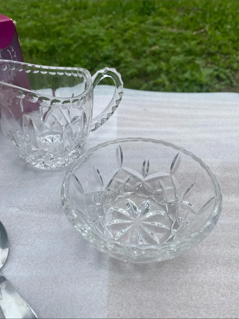 Crystal Gems 24% Lead Crystal Creamer Sugar Bowl Serving Spoon Original Box 1970